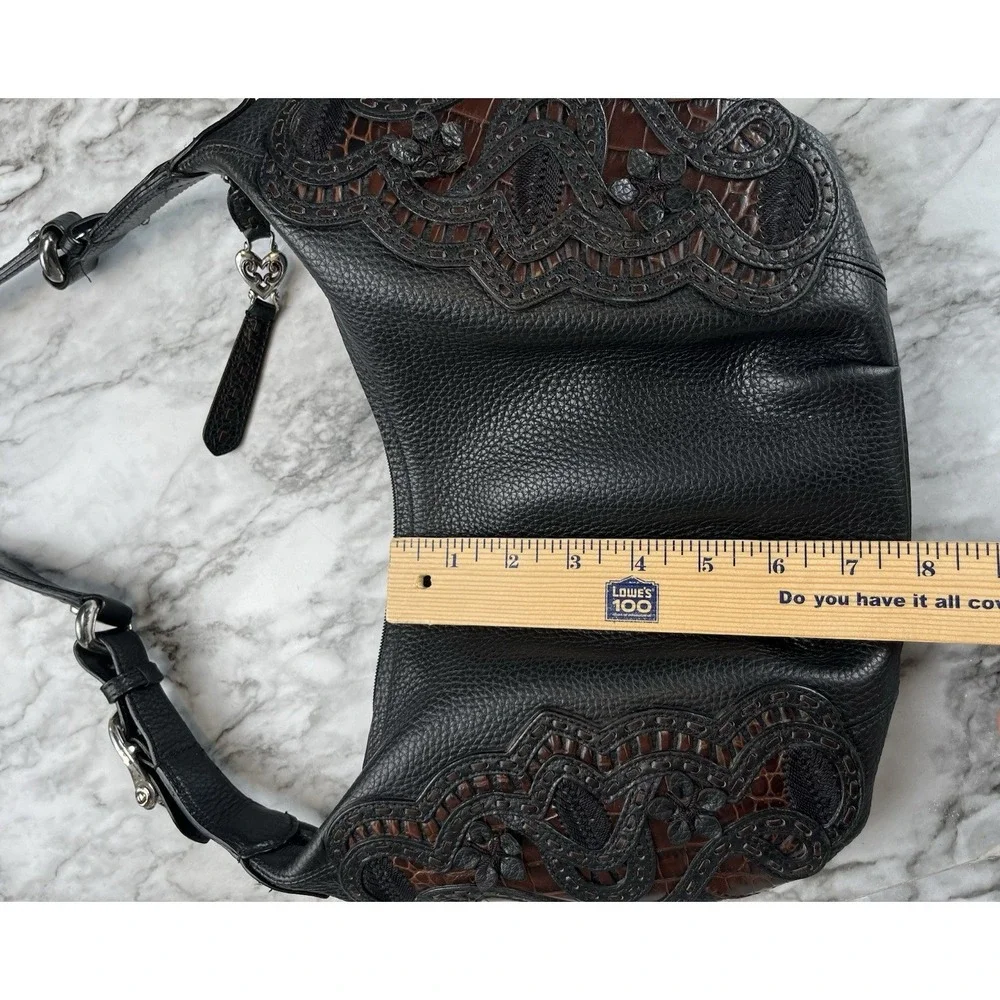 BRIGHTON Masterpiece Niki Hobo Leather Lace Shoulder Handbag Black Y2K